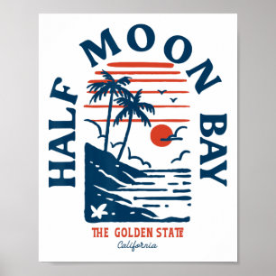 Póster Media Luna Y California Retro Surfista Playa Vinta