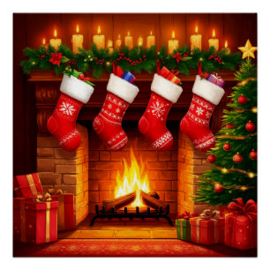 Póster Medias de Navidad colgadas sobre una cálida chimen
