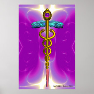 Póster MÉDICA CADUCEUS GOLD, símbolo médico Fuchsia rosa