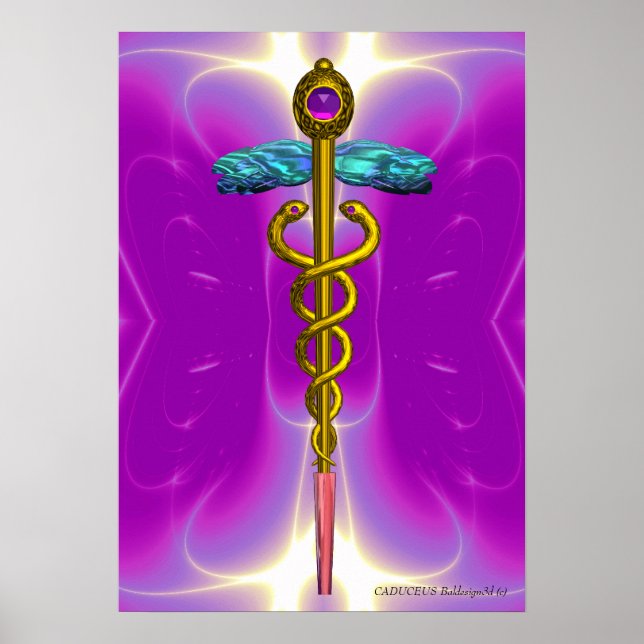 Póster MÉDICA CADUCEUS GOLD, símbolo médico Fuchsia rosa (Frente)