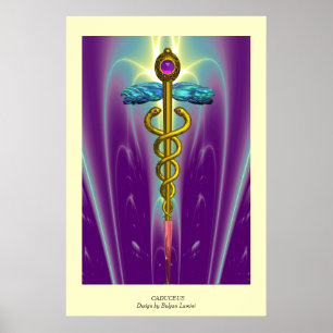 Póster MÉDICA CADUCEUS GOLD, símbolo médico verde morado