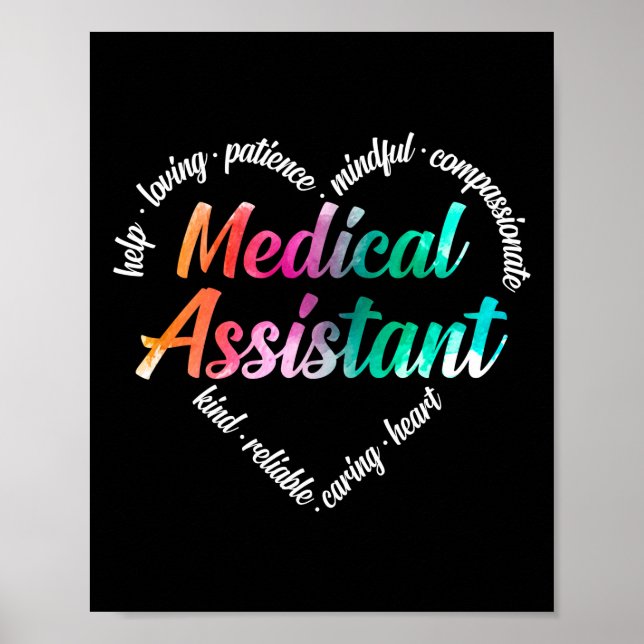 Póster Medical Assistant Heart Word Cloud Watercolor (Frente)