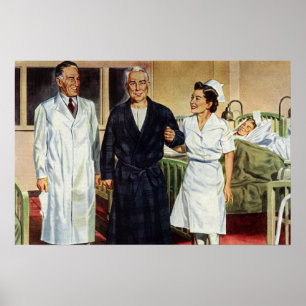Póster Medicina antigua, médico y enfermera con paciente