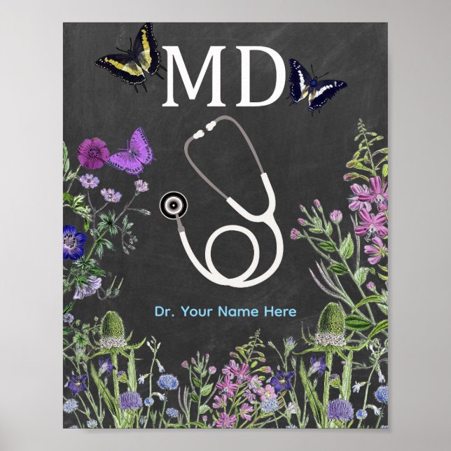 Póster Médico MD Estetoscopio Floral Personalizado (Frente)