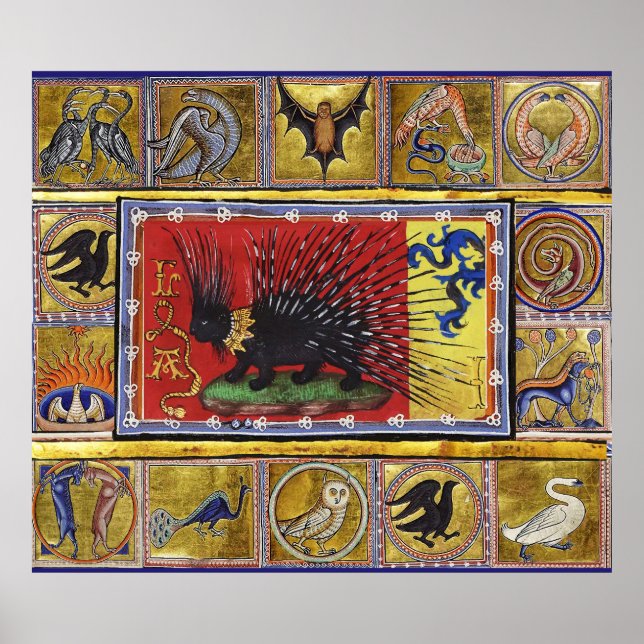 Póster MEDIEVAL BESTIARY,BLACK HEDGEHOG KING and ANIMALS  (Frente)