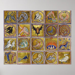 PÓSTER MEDIEVAL BESTIARY, FANTASTIC ANIMALS,GOLD RED BLUE