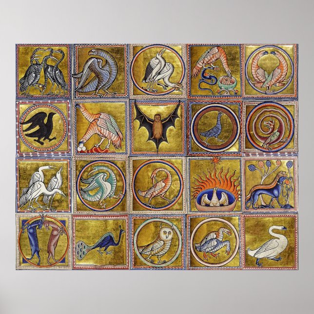 PÓSTER MEDIEVAL BESTIARY, FANTASTIC ANIMALS,GOLD RED BLUE (Frente)