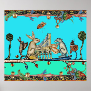 Póster MEDIEVAL BESTIARY MAKING MUSIC,Rabbit,Dog ,Blue