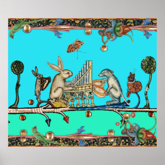 Póster MEDIEVAL BESTIARY MAKING MUSIC,Rabbit,Dog ,Blue