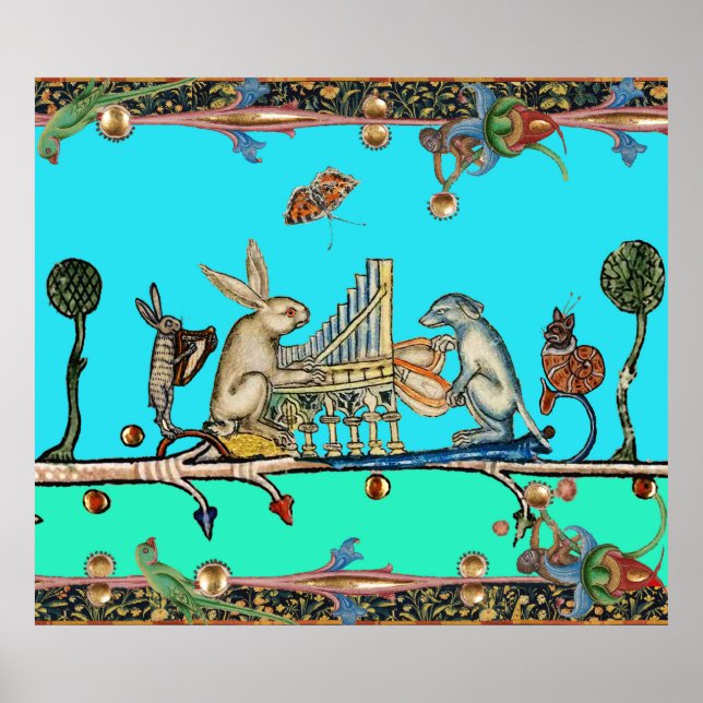 Póster MEDIEVAL BESTIARY MAKING MUSIC,Rabbit,Dog ,Blue (Frente)