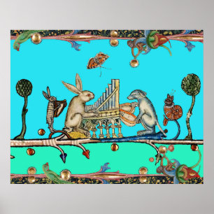 Póster MEDIEVAL BESTIARY MAKING MUSIC,Rabbit,Dog ,Blue