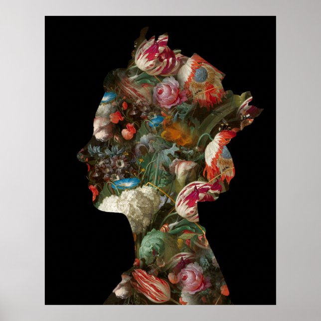 Póster Medio de flores de silueta Reina Isabel II (Frente)