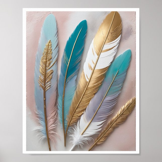 Póster medios mixtos de pintura de plumas de moda boho (Frente)