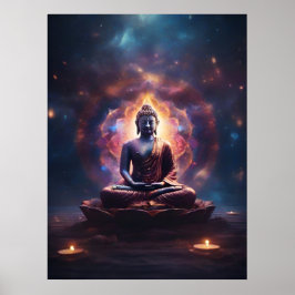 Póster Meditar Buda con Mandala en el Universo