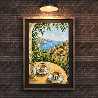 Póster Mediterranean Balcony Coffee Scene Painting, Coast