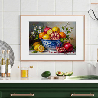 Póster Mediterranean Fruit Bowl Still Life Oil Painting
