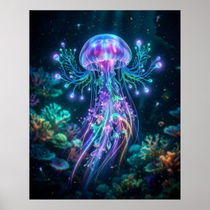 Póster Medusa de neón Profundo Eléctrico