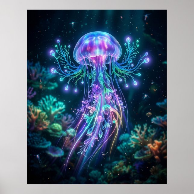 Póster Medusa de neón Profundo Eléctrico (Frente)