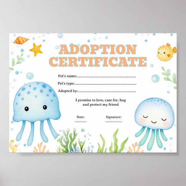 Póster Medusas adoptan un certificado de mascota (Frente)