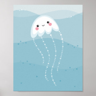 Póster Medusas kawaii lindas nadando en olas azules suave