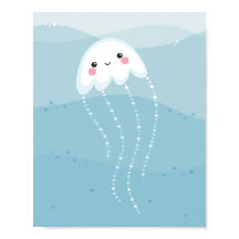 Medusas kawaii nadando en olas azules suaves