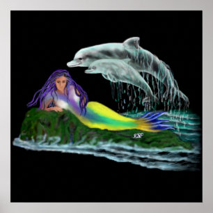 Póster Meerjungfrau mit Delfinen