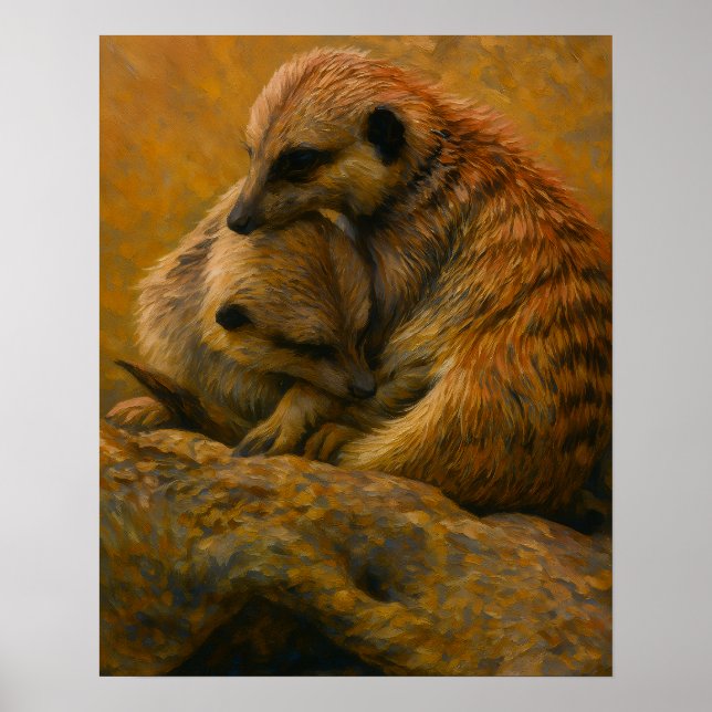 Póster Meerkat Cuddle - Pintura de vida silvestre en la T (Frente)