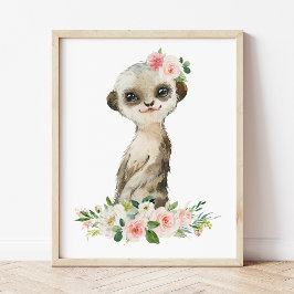 Póster Meerkat, Safari, flores rosas, guardería Chica