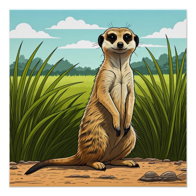 Póster Meerkat standing alert in a field of grass (Anverso)