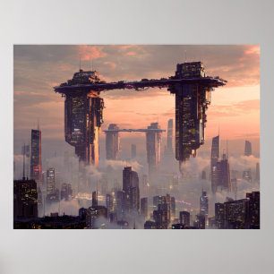 Póster Megaestructuras flotantes futuristas sobre la ciud