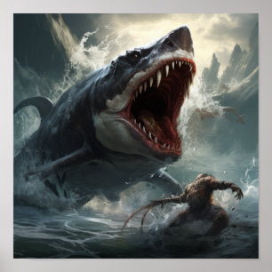 Póster Megalodon épico vs Poster T-Rex - Batalla de Prehi