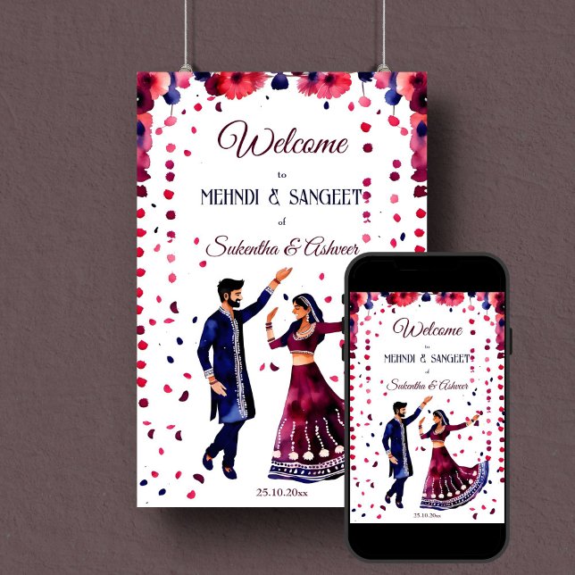 Póster Mehndi Sangeet boda indio signo de bienvenida mode (Mehndi and sangeet welcome sign poster instant download dancing Indian bridal couple modern maroon)