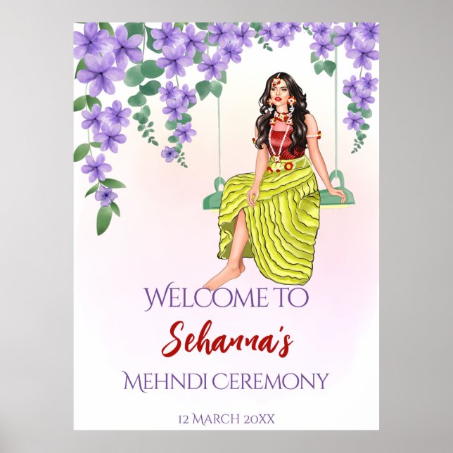 Póster Mehndi sangeet flores violeta morada novia india (Frente)