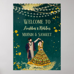 Póster Mehndi sangeet green con la bienvenida de una pare