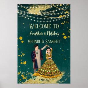 Póster Mehndi sangeet green con la bienvenida de una pare