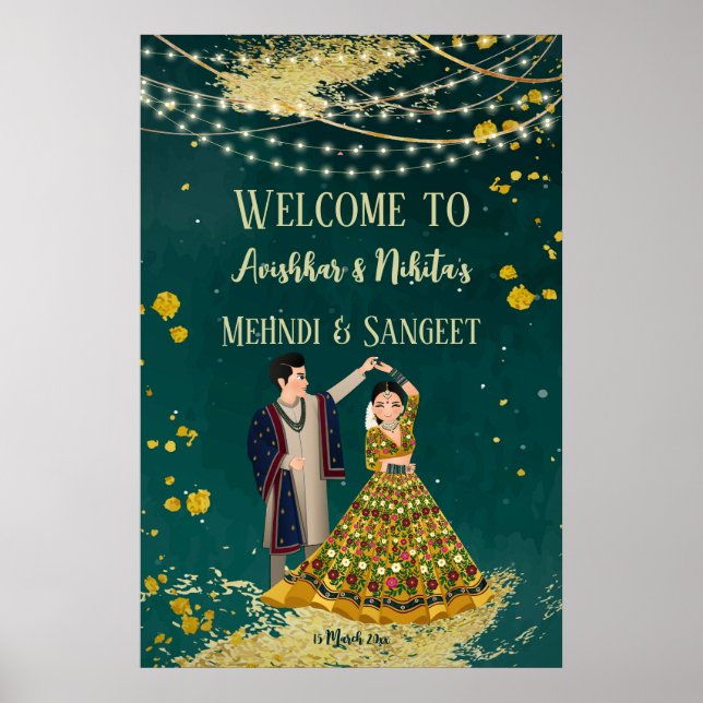 Póster Mehndi sangeet green con la bienvenida de una pare (Frente)