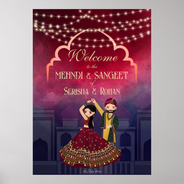 Póster Mehndi Sangeet luces de hadas bailando pareja de b (Frente)