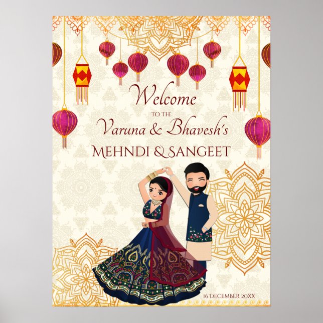 Póster Mehndi y sangeet manadala y linda pareja india (Frente)