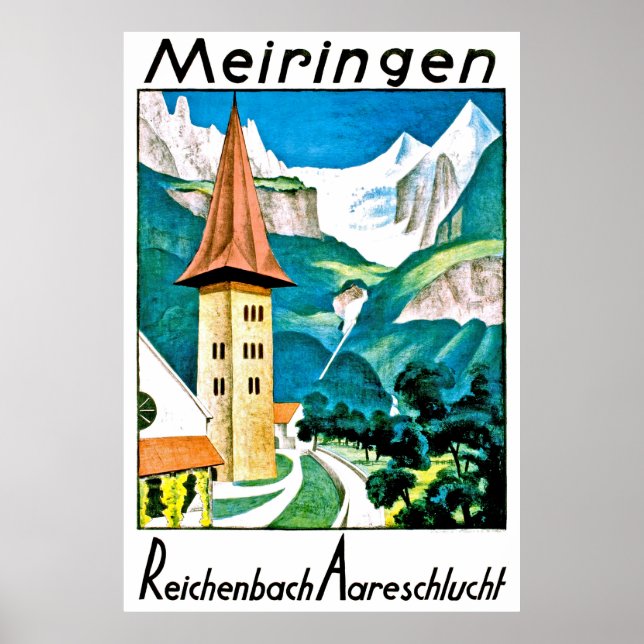 Póster Meiringen, aldea, Suiza, viaje vintage (Frente)