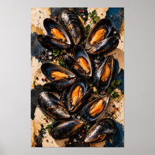 Póster Mejillones frescos con hierbas – Mariscos rústicos