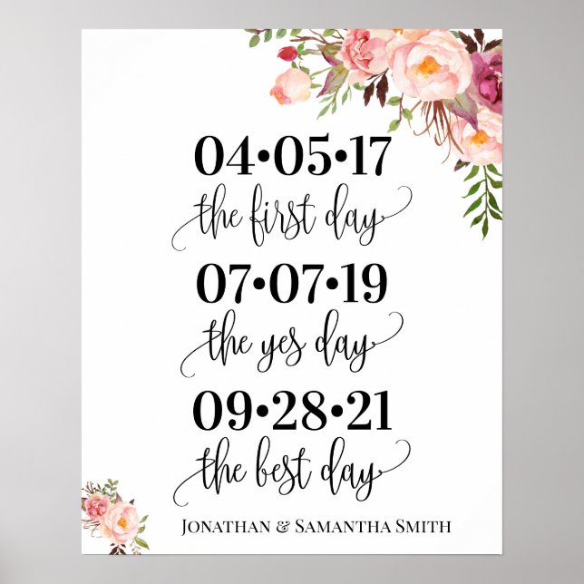 Póster Mejor día signo boda fecha sí día floral rosa (Frente)