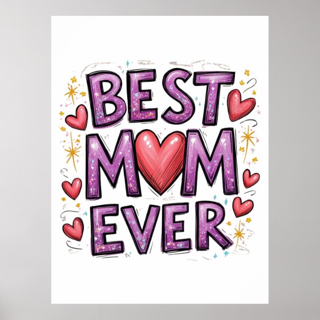 Póster Mejor Mamá con Corazones y Parkles (Frente)