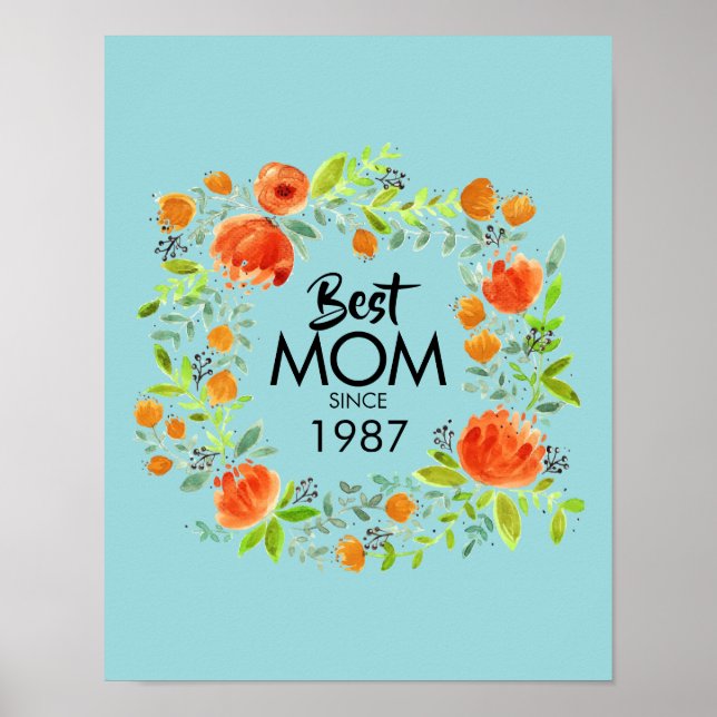 Póster Mejor Mamá Desde Rótulo Poster Floral Acuarela (Frente)