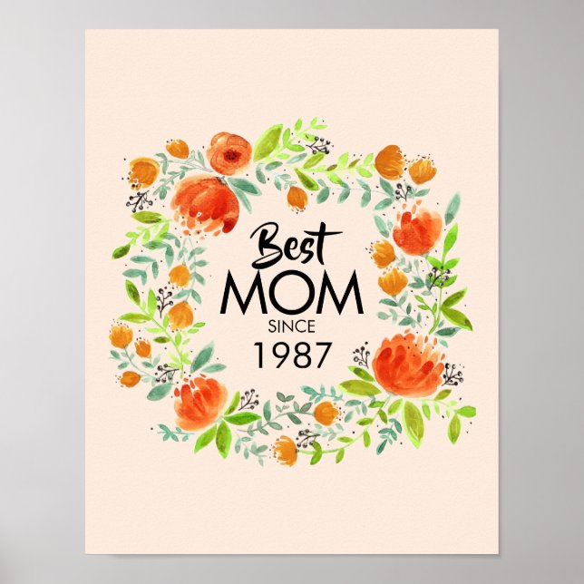 Póster Mejor Mamá Desde Rótulo Poster Floral Acuarela (Frente)