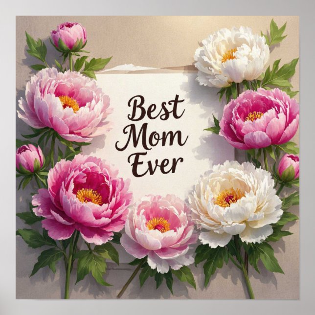 Póster Mejor Mamá Nunca"peonías pintadas a mano y cursiva (Frente)
