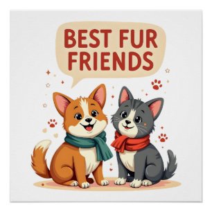 Póster Mejores amigos de pelaje vintage gato y perro de d