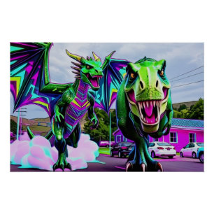 Póster Mejores Amigos - Dragón y Dinosaurio Caminando