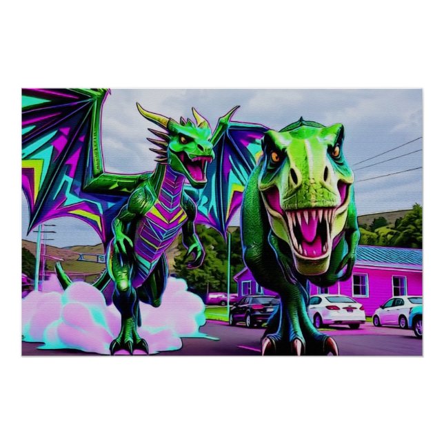 Póster Mejores Amigos - Dragón y Dinosaurio Caminando (Anverso)