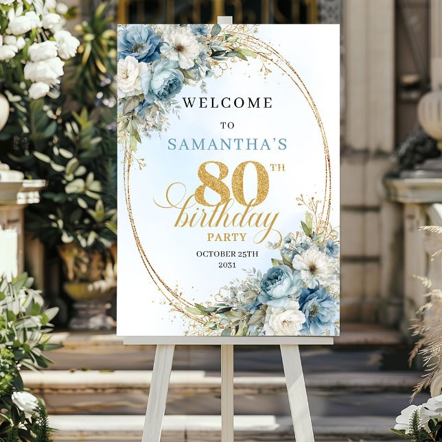 Póster Mejores flores boho azul polvoriento de cumpleaños (Best Boho dusty blue flowers 80th birthday welcome)