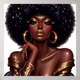 Póster Melanin Moda Afrobelleza con acentos de oro con gl